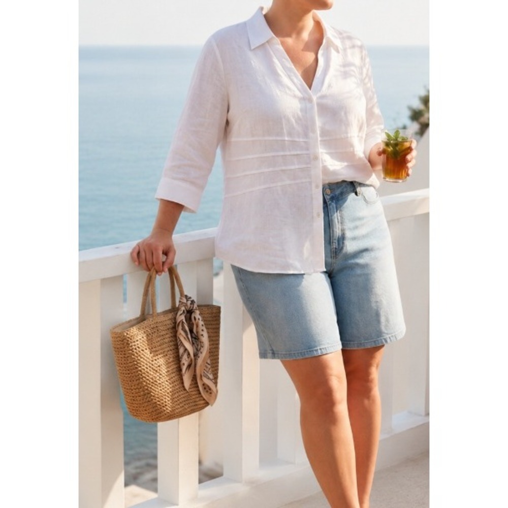 Style & Co size 20W White Linen Button Down Pintuck Detail 3/4 Sleeve Blouse